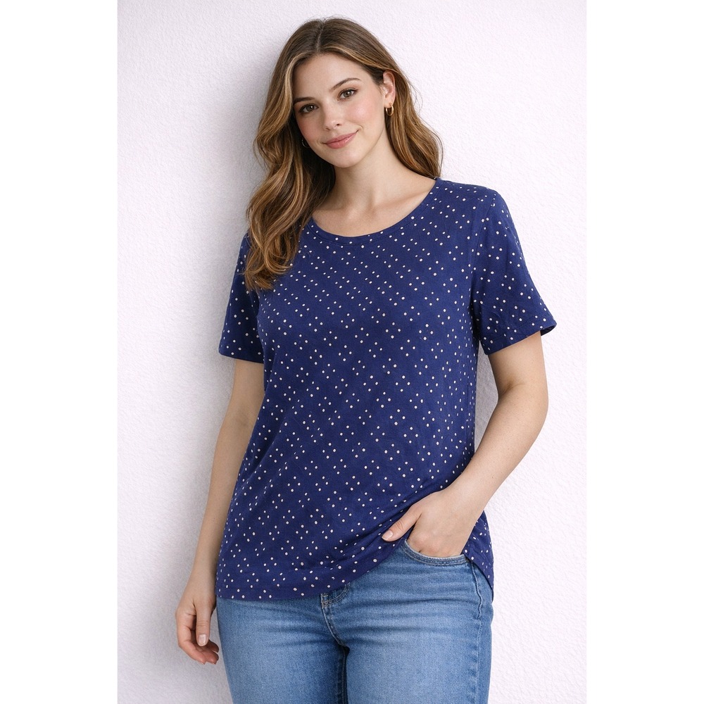 LL Bean Womens Medium‎ Navy Blue Polka Dot Short Sleeve Crew Neck T-Shirt